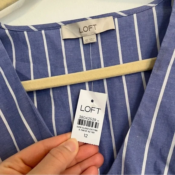 LOFT Blue and White Striped Long Sleeve Dress Twisted Midi NO BELT NWT size 12 - Picture 3 of 10
